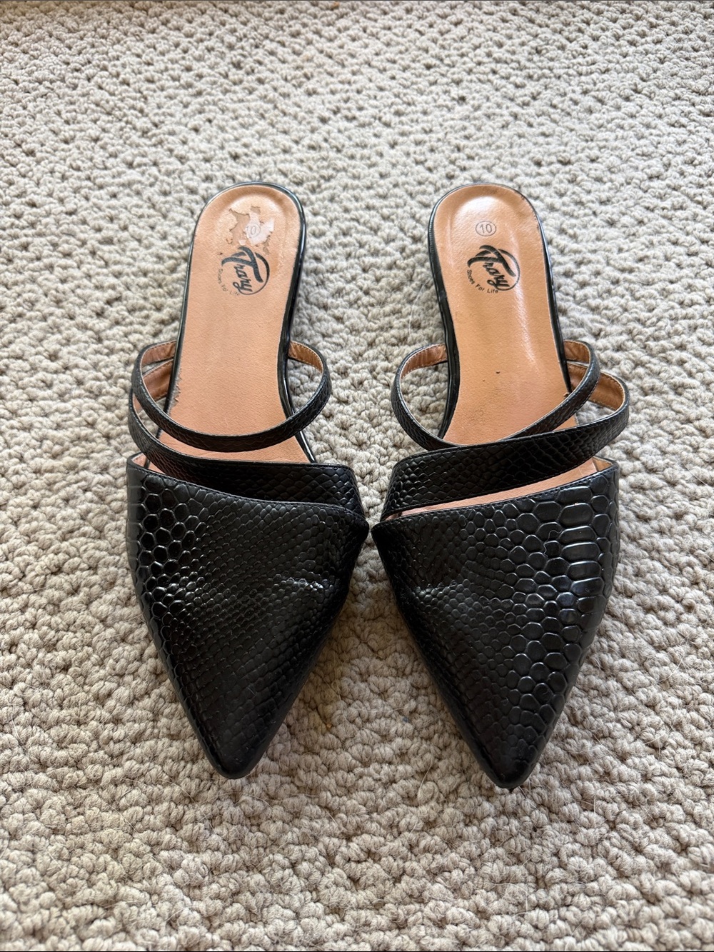 Trary Black Faux-Snakeskin Pointed Mules with Twin Straps